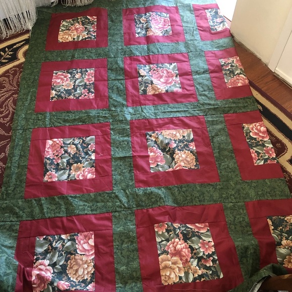 Unfinished Handmade Green and Red Quilted Bedding with Floral Design, 109” by 84 - Picture 2 of 7